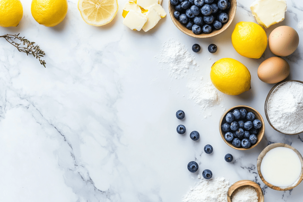 A baker folding fresh blueberries into cupcake batter with a spoon, ready for baking, surrounded by cupcake liners and tools.Lemon Blueberry Cupcake