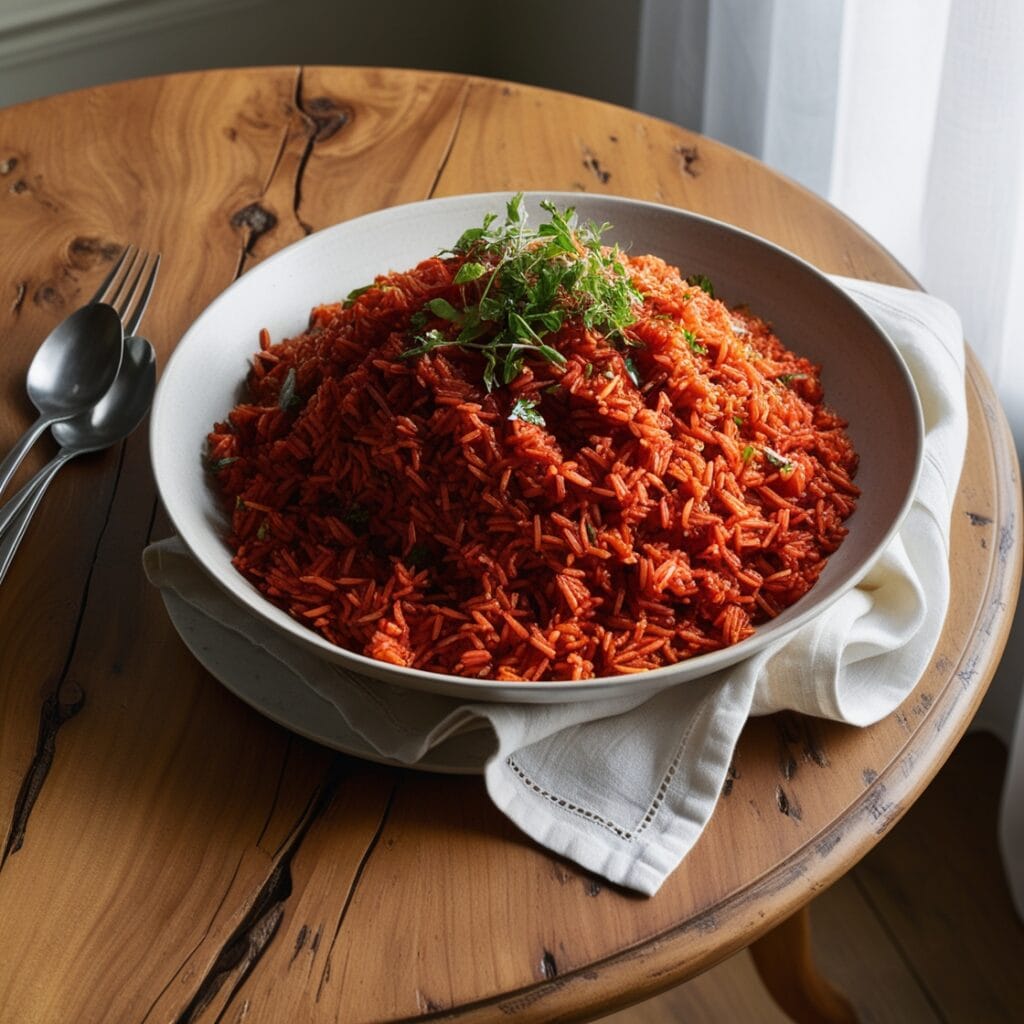 "Plate of Charleston Red Rice with bacon, tomatoes, and fresh herbs on a rustic wooden table."