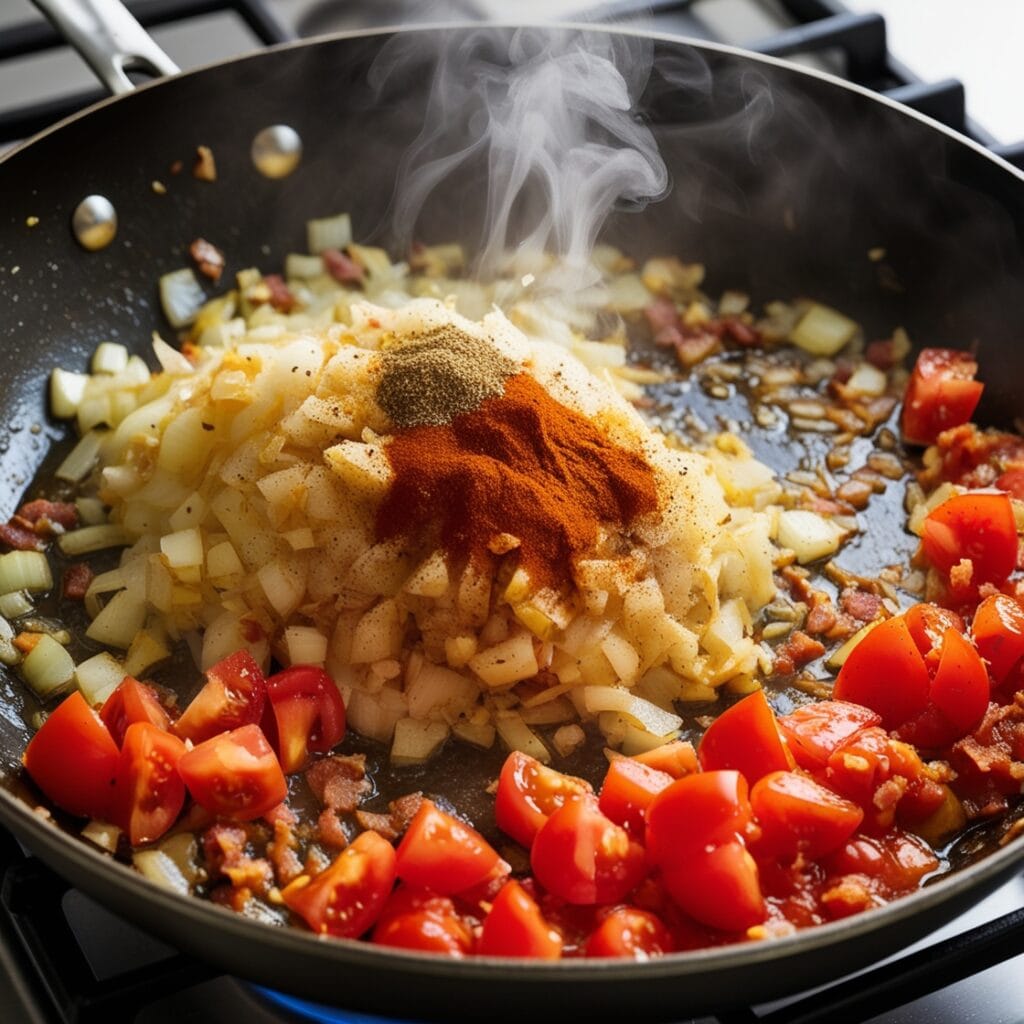 Sautéing onions, garlic, and tomatoes in a skillet for Charleston Red Rice with spices and bacon fat.