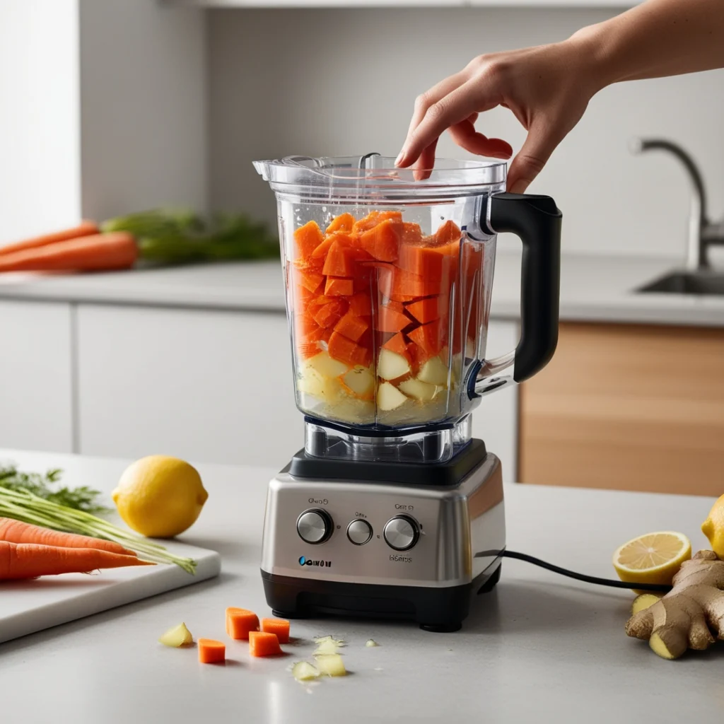 A blender filled with chopped carrots, water, and ginger, about to be blended, with fresh ingredients nearby.