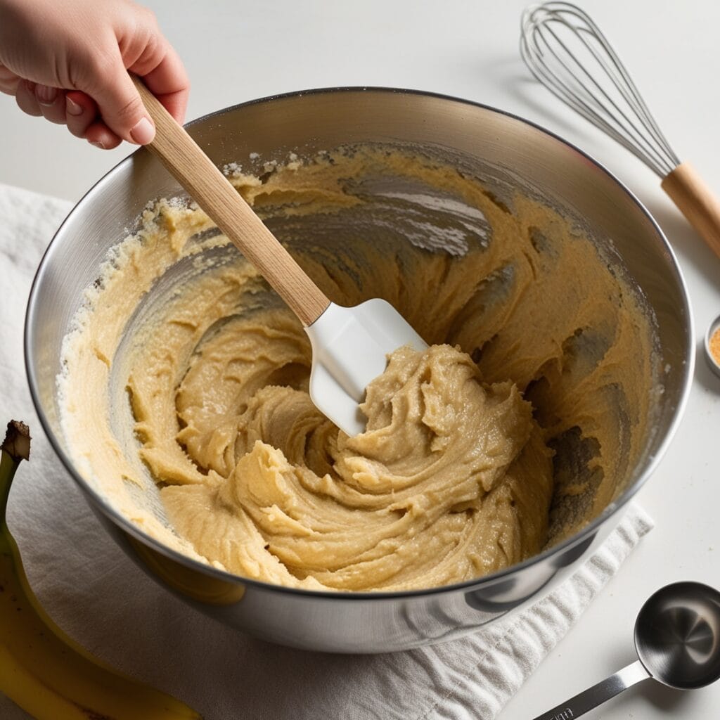 Close-up of mashed bananas being mixed into a bowl for banana bread, with a hand stirring the batter."