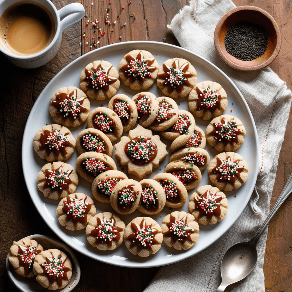 "Close-up of freshly glazed Italian anise cookies topped with colorful nonpareils on a rustic wooden table with a cup of espresso nearby."