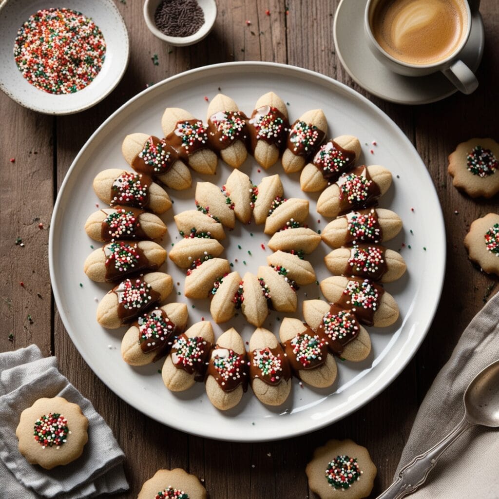 "Freshly baked Italian anise cookies with glaze and colorful nonpareils, arranged on a tray with festive holiday decorations."3