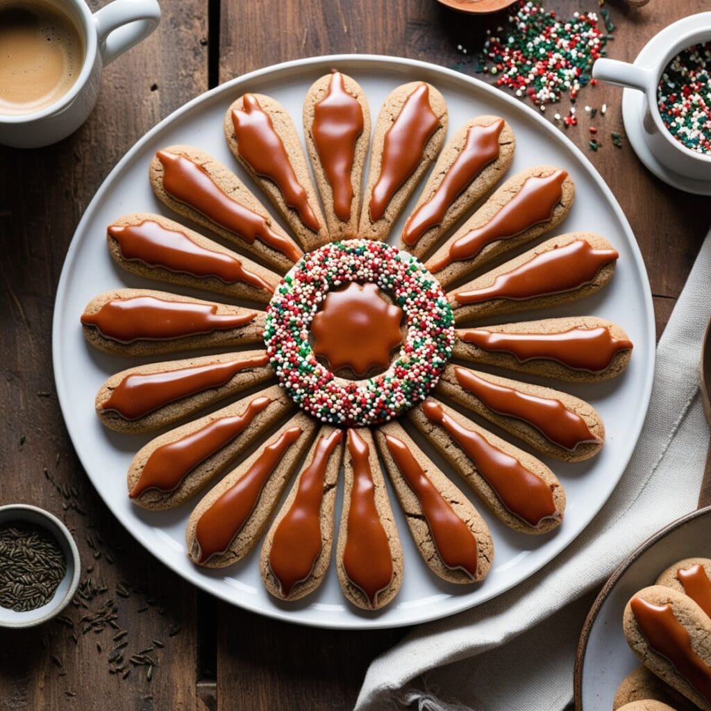 "Freshly baked Italian anise cookies with glaze and colorful nonpareils, arranged on a tray with festive holiday decorations."2