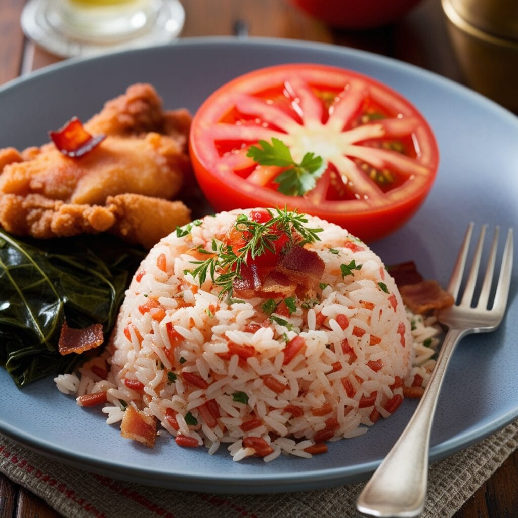 Plate of Charleston Red Rice with bacon, tomatoes, and fresh herbs on a rustic wooden table."