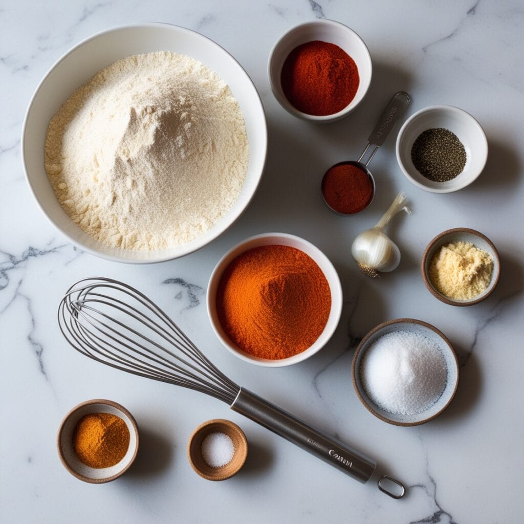 Flat-lay of key ingredients for Hillbilly Fish Fry Seasoning, including cornmeal, paprika, cayenne, garlic powder, and black pepper on a marble surface.