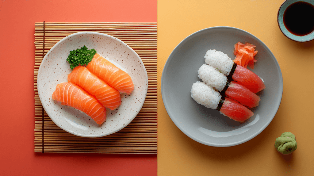 Chef preparing nigiri with rice and tuna, surrounded by sushi tools and fresh fish.