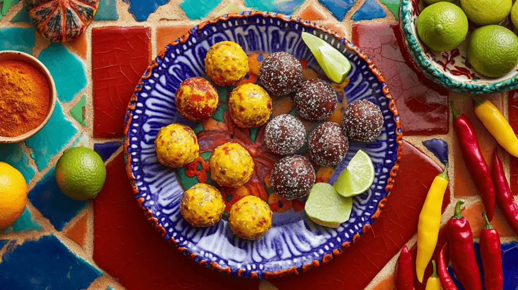 Vibrant Mexican candies, including tamarind balls, mango chamoy treats, and chili lollipops, on a colorful ceramic plate with lime and chili peppers.