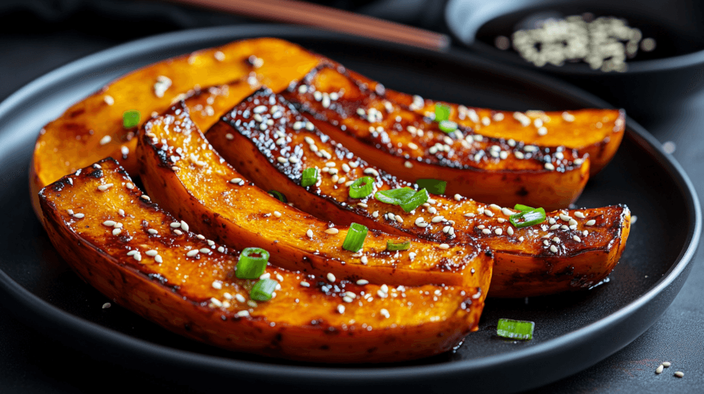 Roasted kabocha squash wedges glazed with miso, garnished with sesame seeds and green onions on a black ceramic plate.
Kabocha vs. butternut squash, 