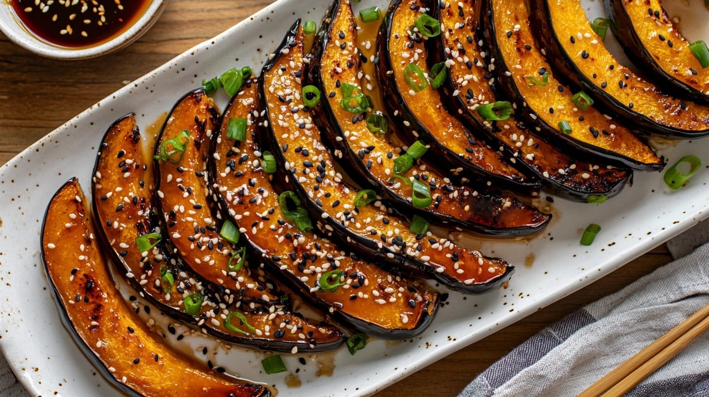 Roasted kabocha squash slices with miso glaze, garnished with sesame seeds and green onions, served on a white platter.