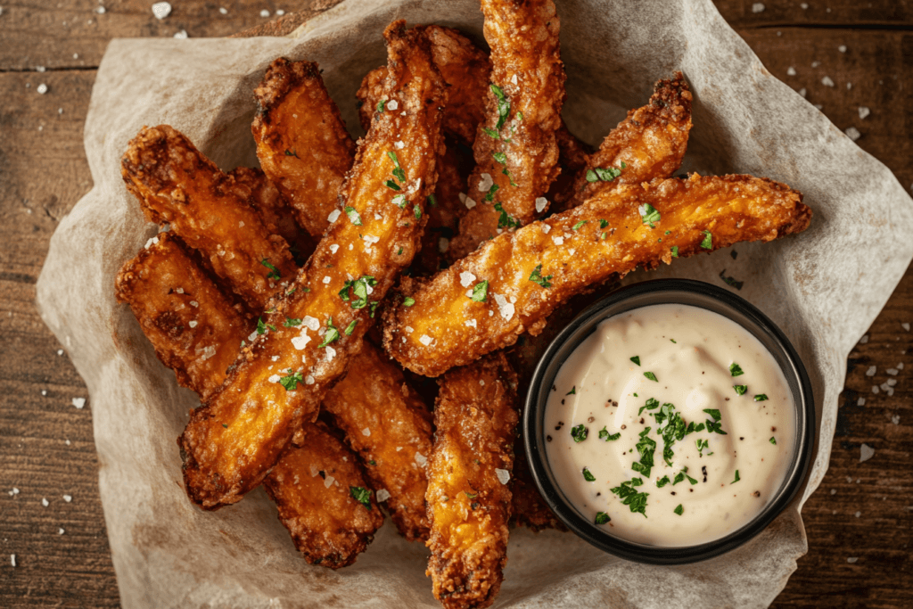  Basket of crispy Murasaki sweet potato fries garnished with parsley, served with garlic dipping sauce on parchment paper.