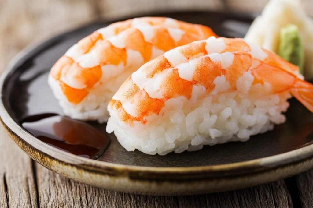 Close-up of nigiri sushi with salmon and shrimp on vinegared rice, served with soy sauce and wasabi.