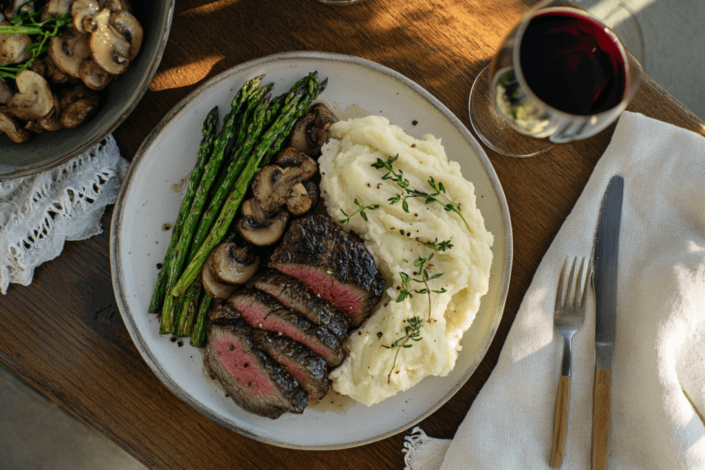 A plated Denver steak with garlic mashed potatoes, grilled asparagus, sautéed mushrooms, and a glass of red wine.