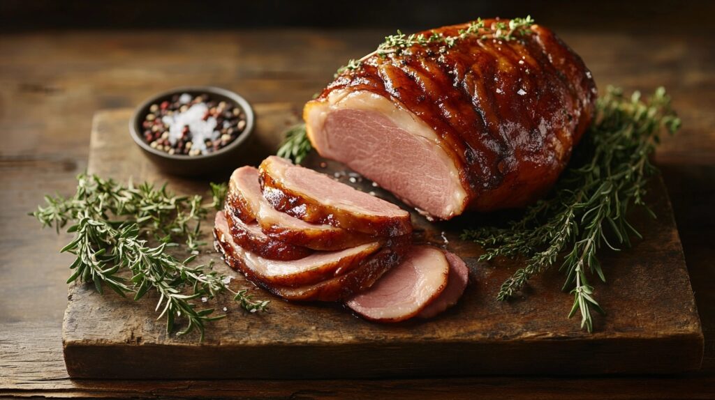 Turkey breast submerged in a flavorful wet brine with rosemary, garlic, and peppercorns in a glass container, surrounded by brining tools on a marble countertop.