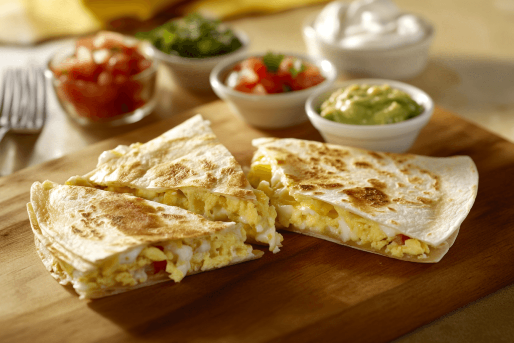 Plated breakfast quesadilla with sides of salsa, guacamole, and sour cream, garnished with cilantro.