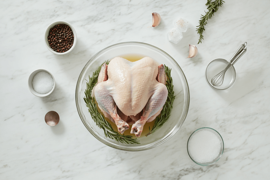 Raw turkey breast submerged in a brine solution in a glass bowl, surrounded by salt, brown sugar, rosemary, and peppercorns on a marble countertop.