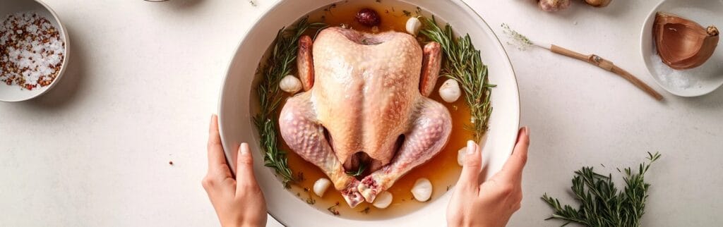 A raw turkey breast being submerged in a brine solution with apple cider, garlic, and rosemary.