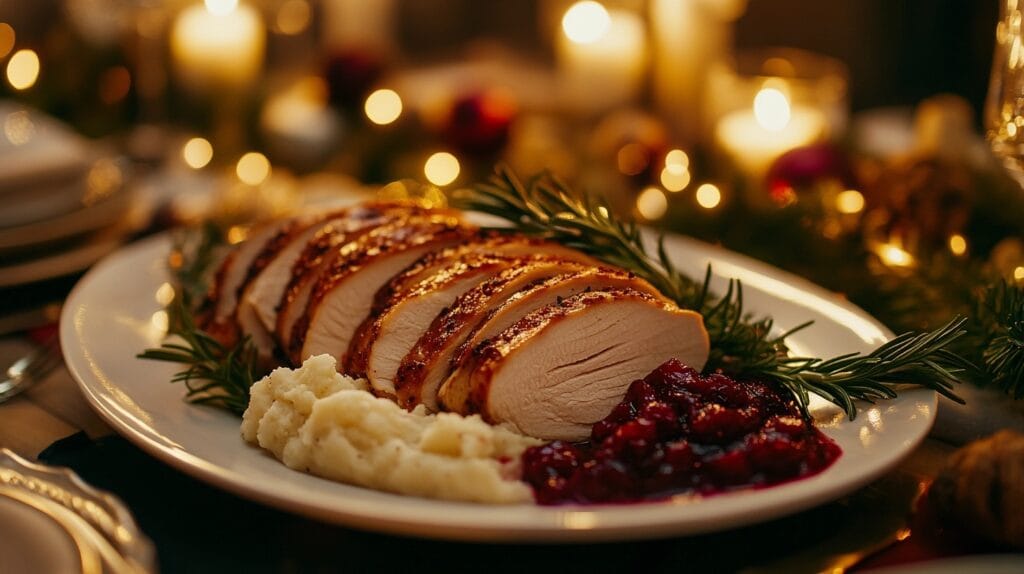 Sliced smoked turkey breast on a white platter with rosemary, cranberry sauce, and mashed potatoes.