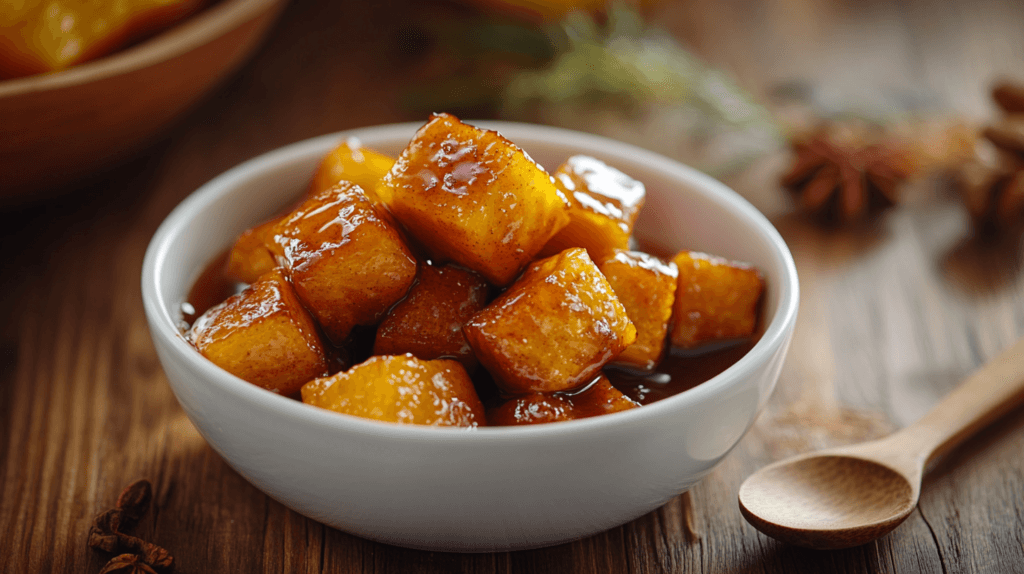 Roasted butternut squash cubes with maple glaze and cinnamon in a white bowl, caramelized to golden perfection.
Kabocha vs. butternut squash, 