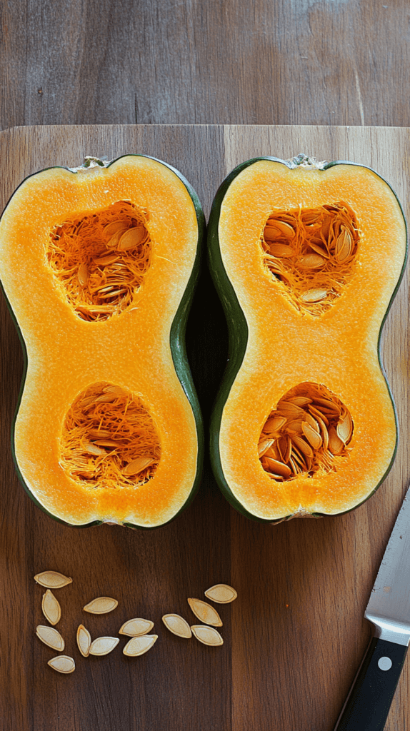 Halved kabocha and butternut squashes on a wooden cutting board, showing vibrant orange interiors and their contrasting skins.Are kabocha and butternut squash the same