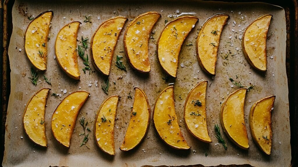 A baked stuffed squash filled with quinoa, cranberries, and pecans on a white platter with fresh thyme.