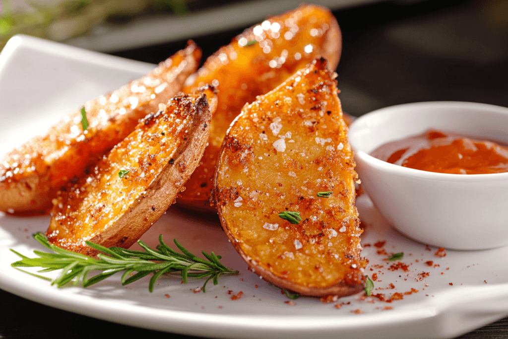  Roasted Murasaki sweet potato wedges on a plate, seasoned with paprika and sea salt, with a rosemary sprig and dipping sauce.