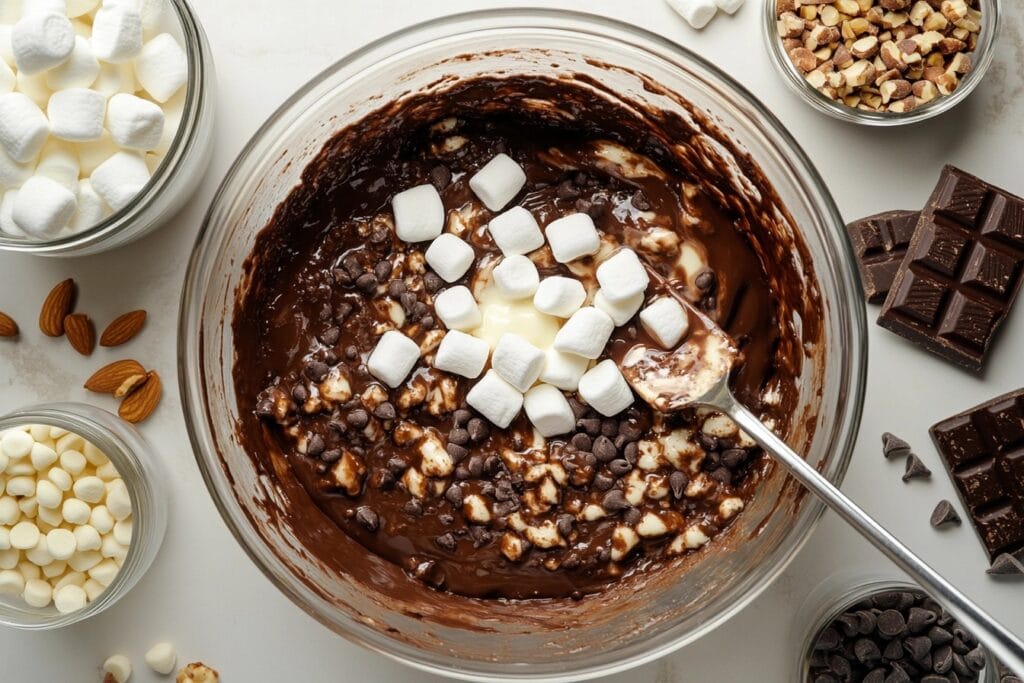  Mixing bowl with melted chocolate, marshmallows, and nuts being folded together during the Rocky Road Bar preparation process.