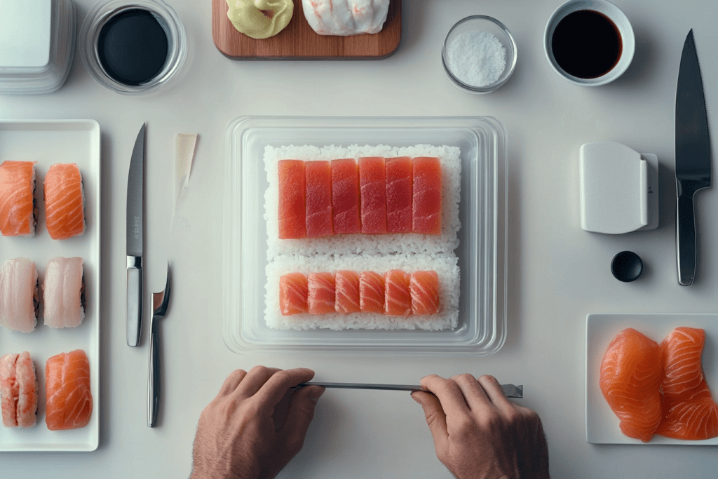 Side-by-side comparison of sashimi and nigiri, showing sashimi slices and nigiri sushi with rice.