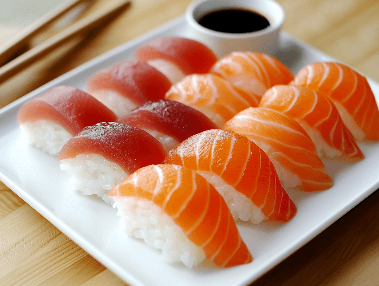 Fresh sashimi platter with salmon, tuna, and yellowtail, accompanied by soy sauce and chopsticks on a wooden board.