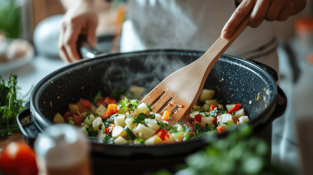 A close-up of fresh vegetables, including carrots, celery, and potatoes, being sautéed in an Instant Pot with garlic and onions.