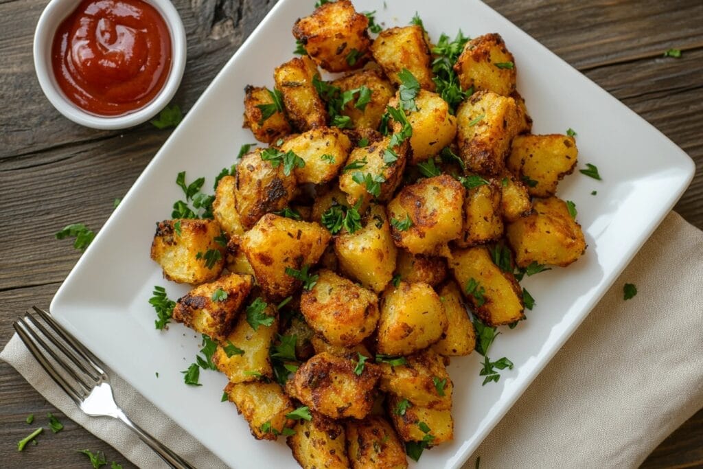 Crispy air fryer potatoes garnished with parsley served alongside scrambled eggs and avocado toast.
