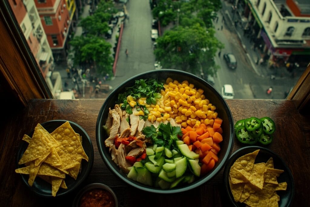 A festive table setting featuring caldo de pollo served with tortillas, avocado slices, tortilla chips, and glasses of agua fresca.Mexican chicken soup 