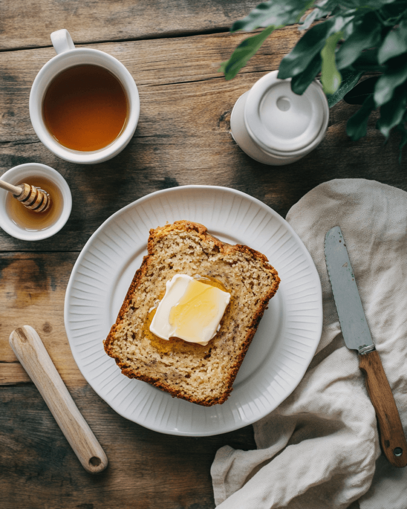 Sliced banana bread served with butter on a plate, paired with coffee and honey for a cozy breakfast setup.