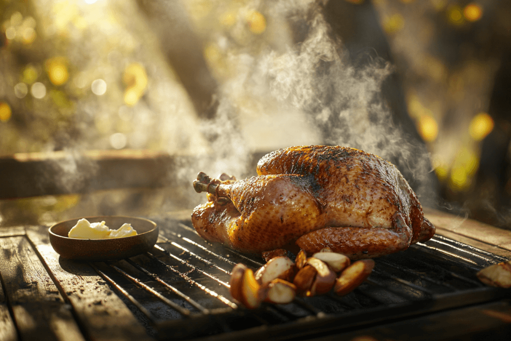 Sliced smoked turkey breast on a platter with rosemary and lemon wedges, surrounded by festive side dishes like mac and cheese and mashed sweet potatoes.