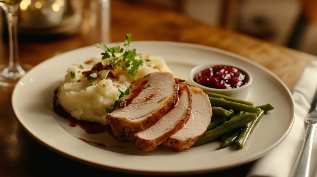 Sliced smoked turkey breast served with creamy mashed potatoes, green bean casserole, and cranberry sauce on a white plate, garnished with parsley.