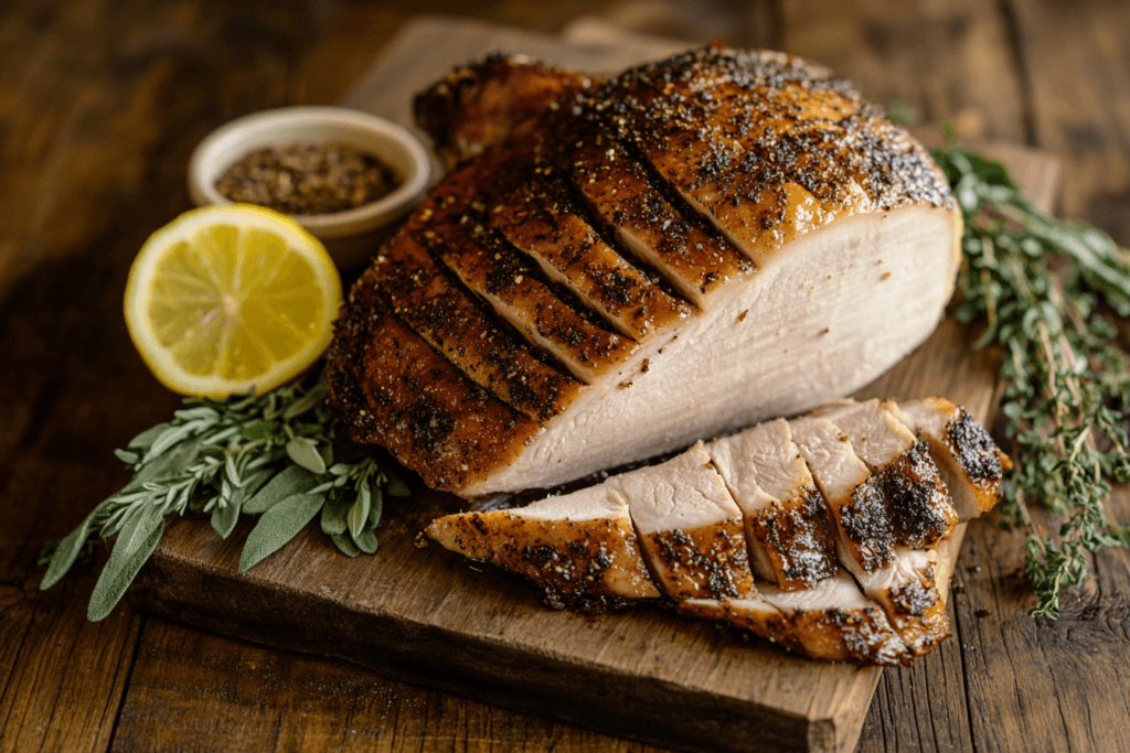 Raw turkey breast submerged in a brine solution in a glass bowl, surrounded by salt, brown sugar, rosemary, and peppercorns on a marble countertop.