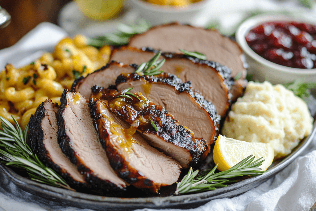 Close-up of sliced smoked turkey breast with a golden-