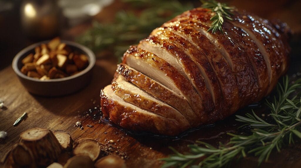 Juicy smoked turkey breast sliced on a wooden cutting board, garnished with rosemary and seasonings.