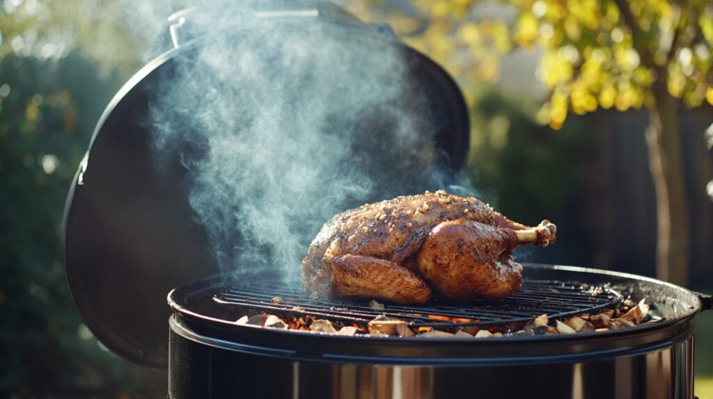  A golden-brown turkey breast in a smoker with glowing wood chips and rich smoke wafting.