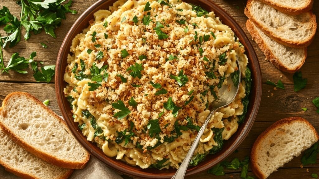  Overhead view of a serving dish filled with Spinach-Artichoke-Dip Pasta, garnished with parsley and golden breadcrumbs, with garlic bread slices on the side.