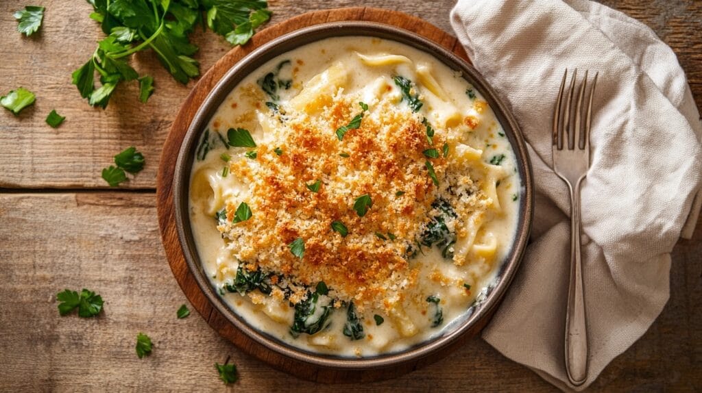 Overhead view of a creamy bowl of Spinach-Artichoke-Dip Pasta with golden breadcrumbs and parsley, on a rustic table with a fork and Parmesan nearby.