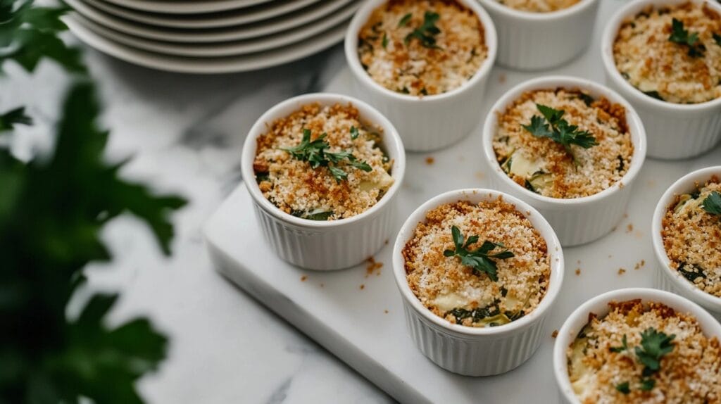  Individual ramekins of Spinach-Artichoke-Dip Pasta garnished with golden breadcrumbs and parsley, arranged on a marble tray with wine glasses nearby.
