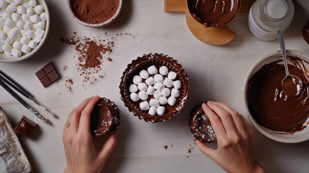 Hands filling a chocolate sphere with cocoa powder and mini marshmallows, surrounded by a mold and melted chocolate.
