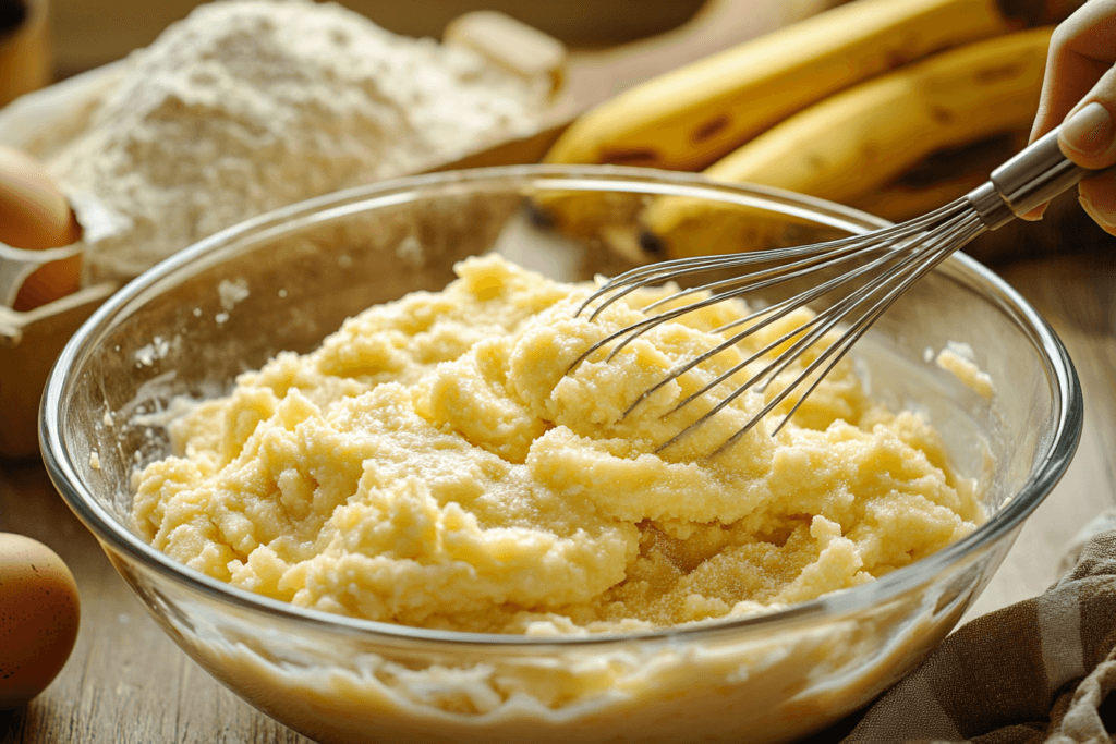 Mixing mashed bananas, eggs, and brown sugar in a bowl with a whisk, preparing batter for banana bread.