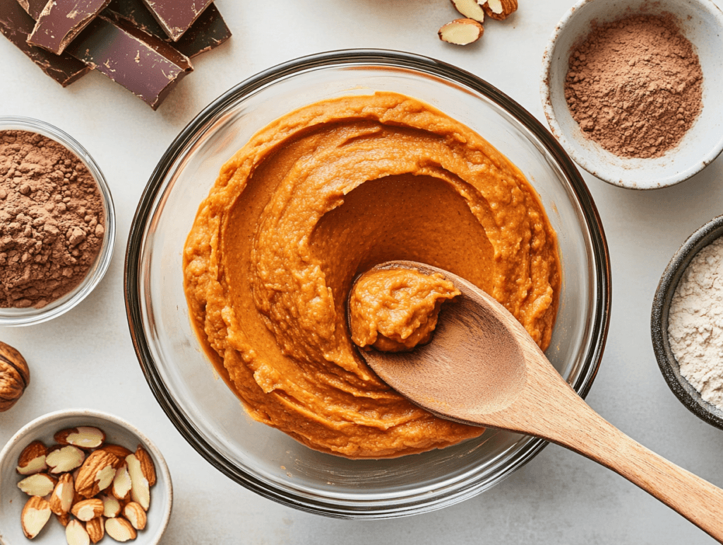 Smooth sweet potato puree in a bowl with ingredients like cocoa powder, almond flour, and maple syrup arranged around it.