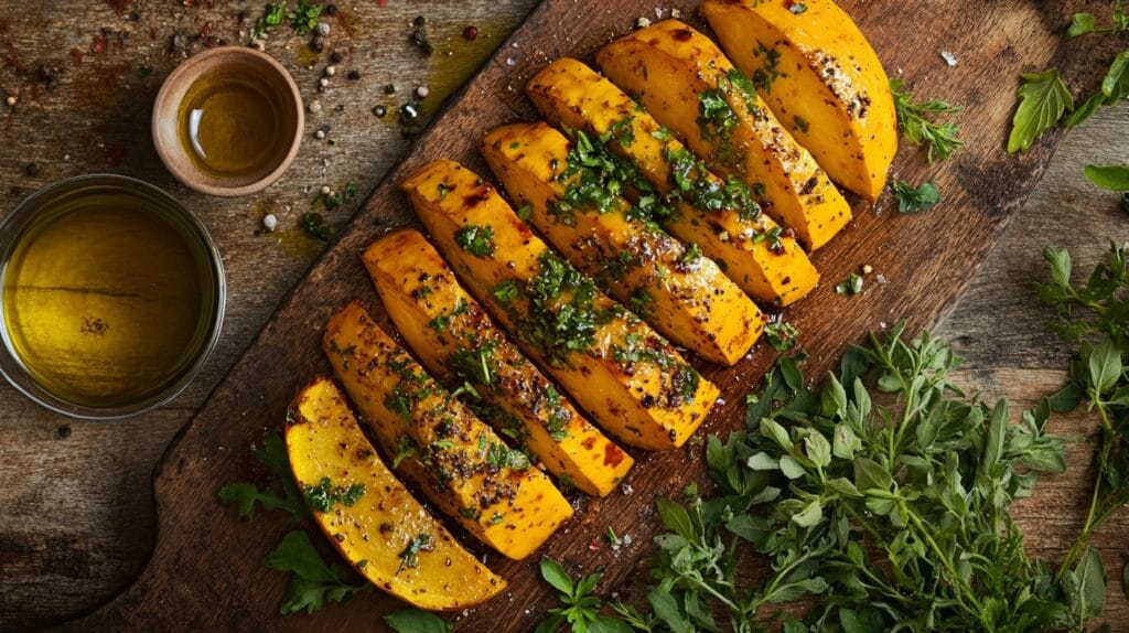 Warm roasted kabocha squash wedges seasoned with olive oil and herbs on a wooden cutting board.