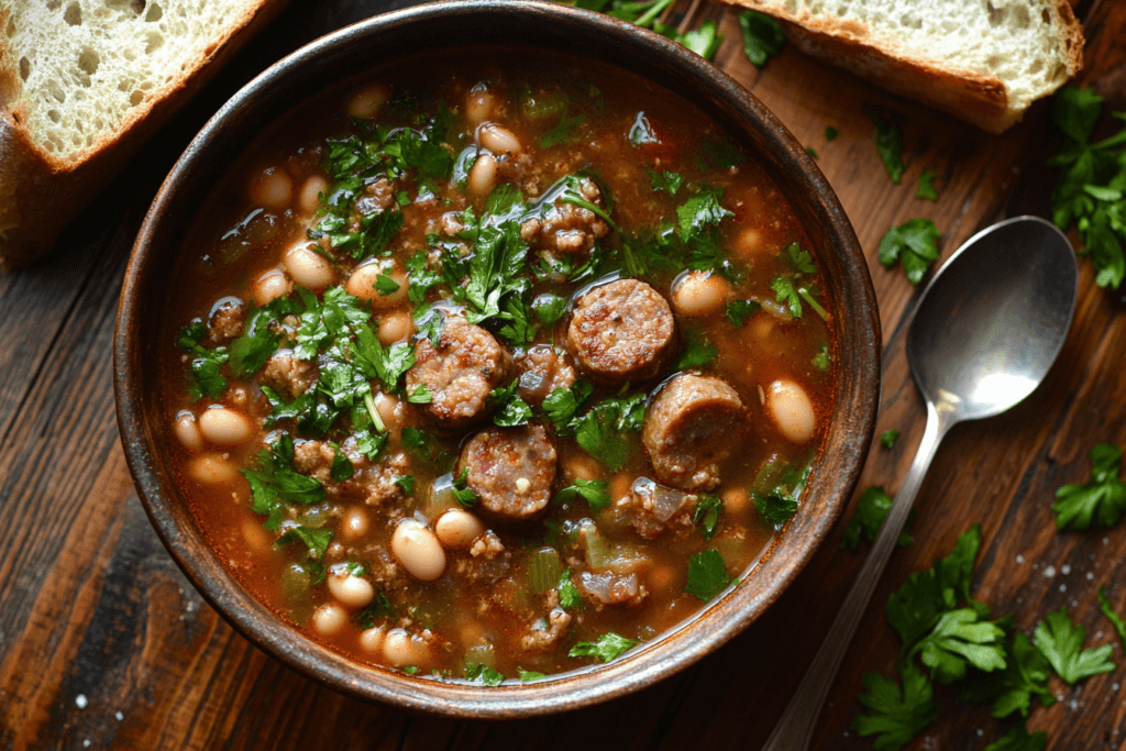 Close-up of a bowl of hearty swamp soup with greens, sausage, and beans, served with crusty bread on a rustic table.