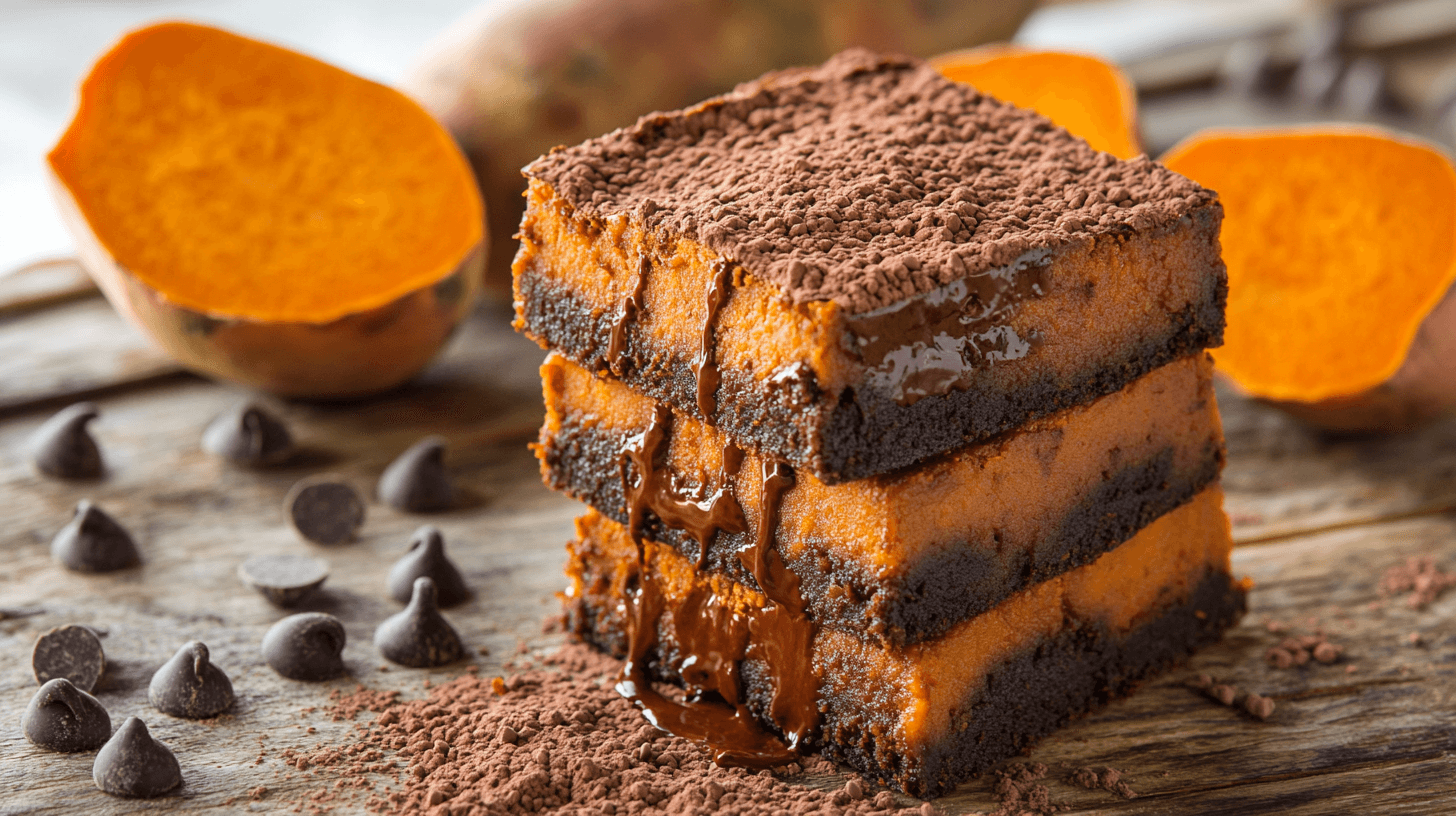 Stack of fudgy sweet potato brownies drizzled with chocolate sauce, surrounded by sweet potatoes and chocolate chips.