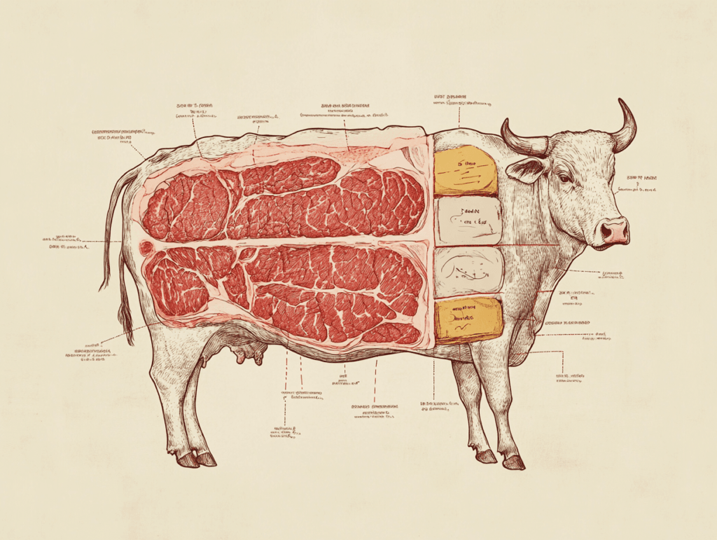 An educational diagram of a cow highlighting the chuck primal section, showing where Denver steak is cut.