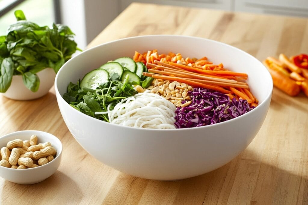 Hands tossing Northeastern salad with noodles, spinach, and vegetables in a white mixing bowl using chopsticks.